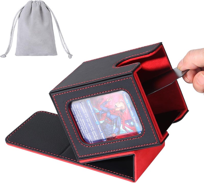 AFIING MTG Deck Box for Commander Display,Card Deck Box Fits 100 Double Sleeved Cards, Magic Commander TCG Card Storage Box with 2 Dividers,Drawstring Bag and 1 Toploader(Black/Red) - Image 1